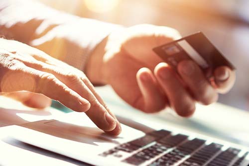 typing on laptop while holding visa card